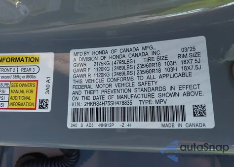 2025 Honda Cr-V Ex-L Awd z USA, uszkodzony, nr VIN 2HKRS4H75SH478835